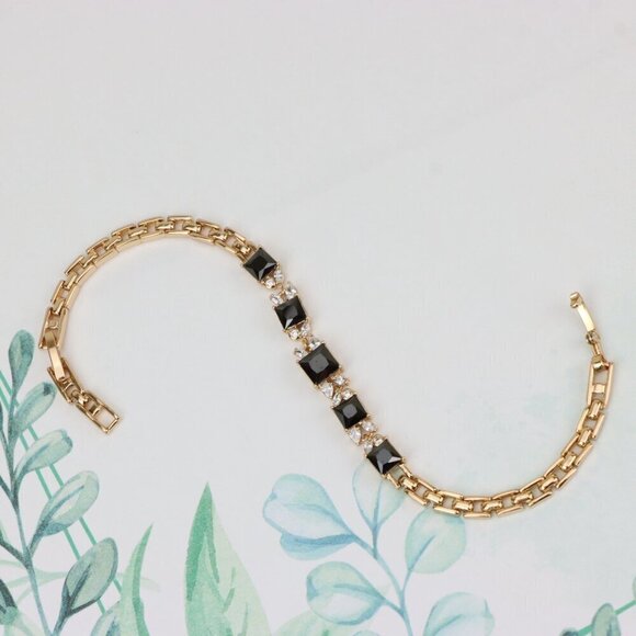 Elegant Rose Gold Bracelet with Black Square Stones and Sparkling CZ, XPBL0708 - Picture 1 of 12